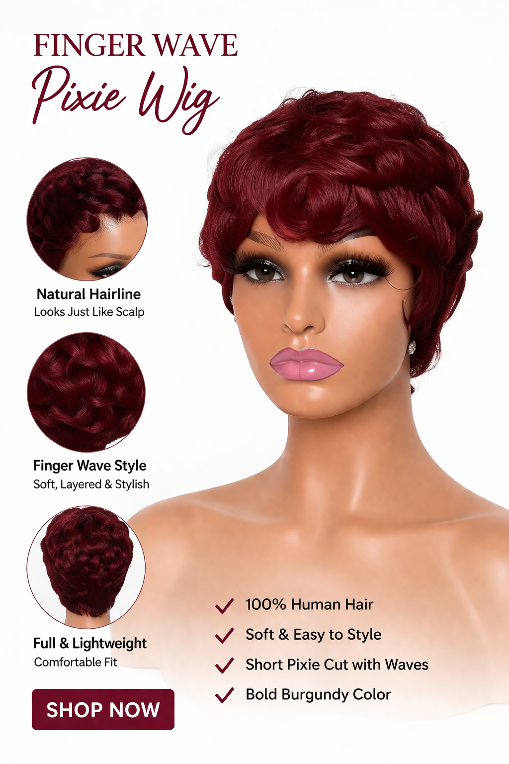 Vintage Muse Pixie wig in burgundy color, short finger wave pixie cut, human hair wig on white background