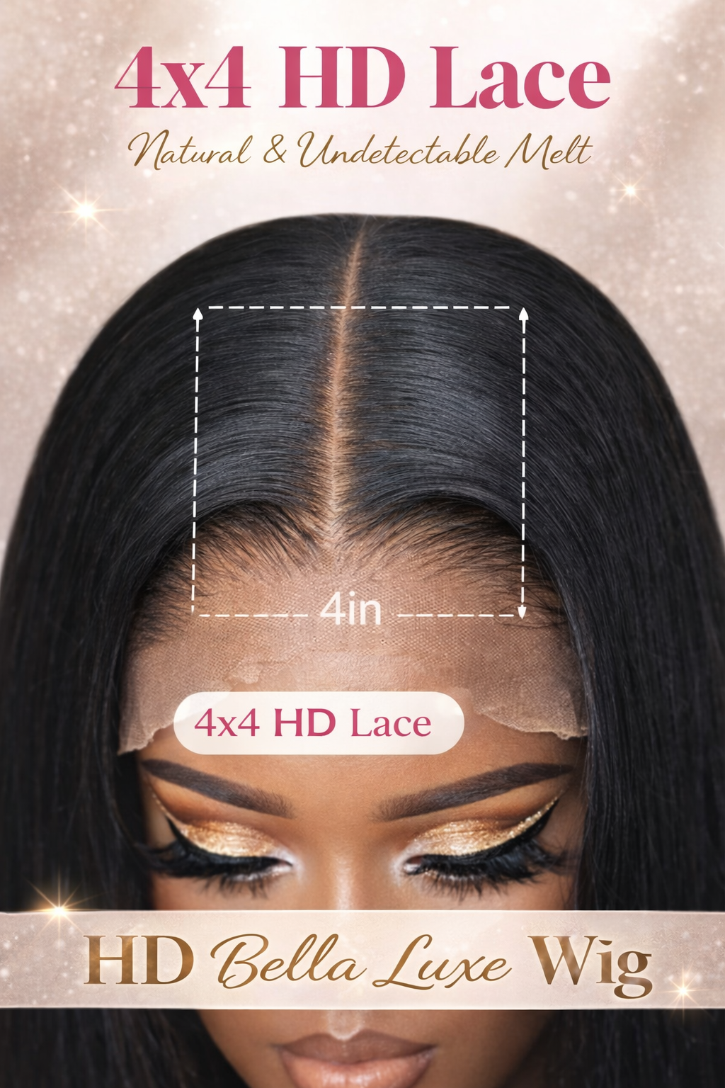 HD Bella Luxe Wig 4x4 HD lace closure graphic showing lace size natural undetectable melt