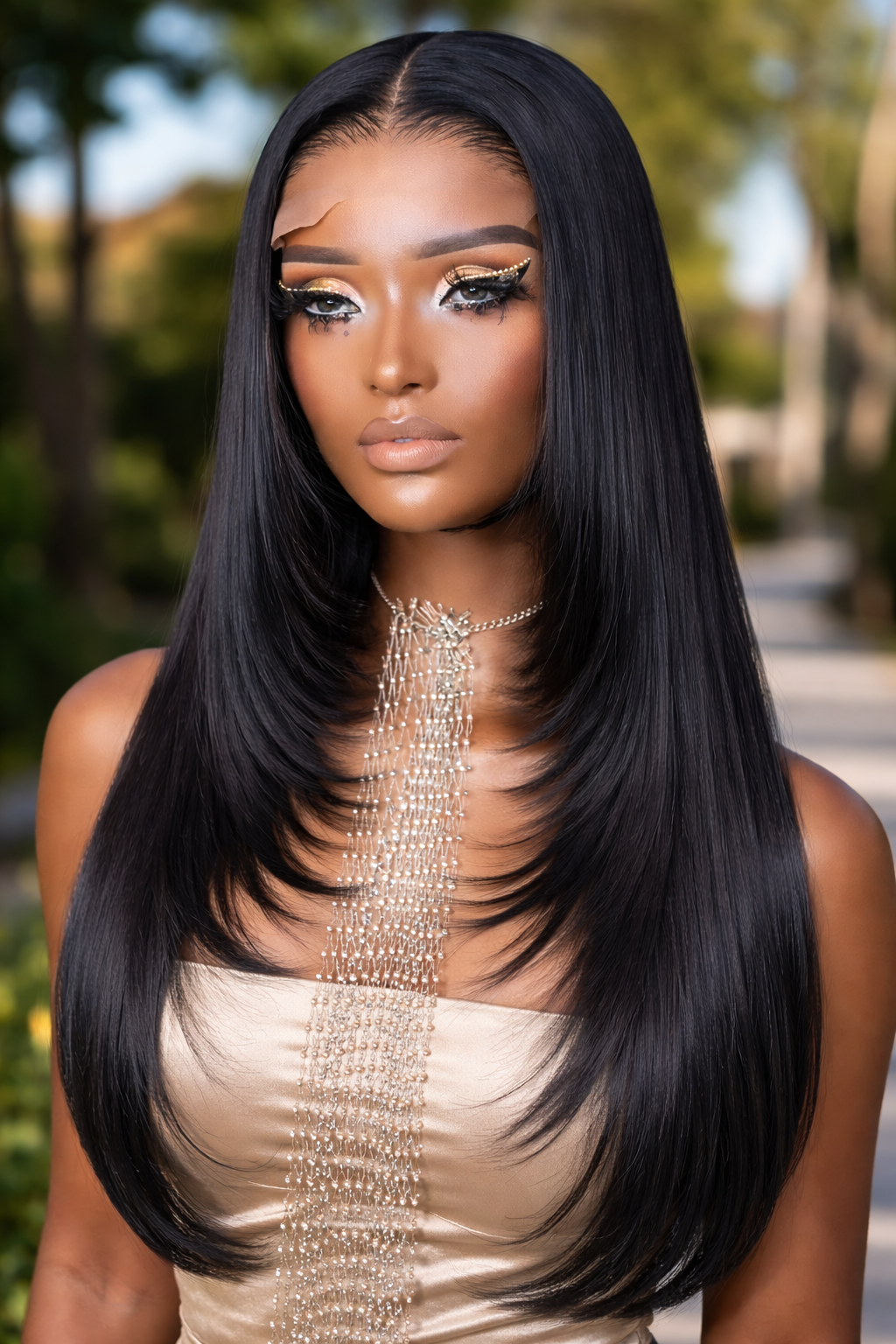HD Bella Luxe Wig on model 4x4 HD lace straight layered black wig natural hairline luxury look