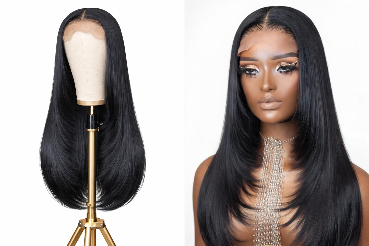 HD Bella Luxe Wig 4x4 HD lace straight layered wig on white background sleek black human hair wig
