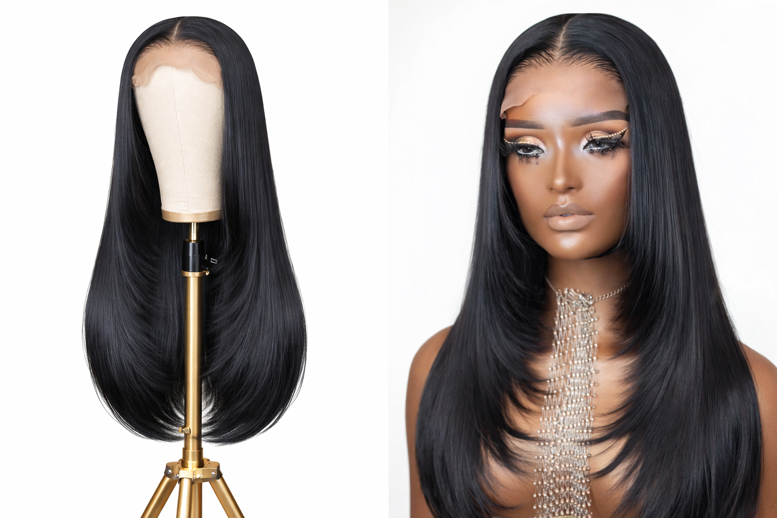 HD Bella Luxe Wig 4x4 HD lace straight layered wig on white background sleek black human hair wig