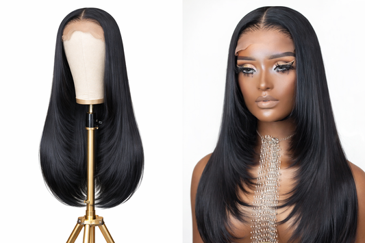 HD Bella Luxe Wig 4x4 HD lace straight layered wig on white background sleek black human hair wig