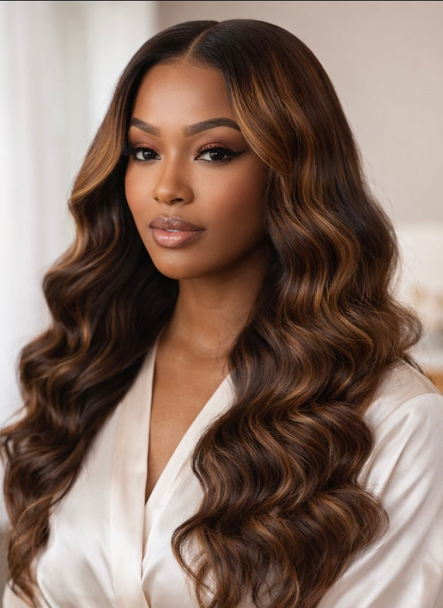 Model wearing 32 inch caramel highlight body wave wig with HD lace frontal, full 250 density human hair wig styled middle part