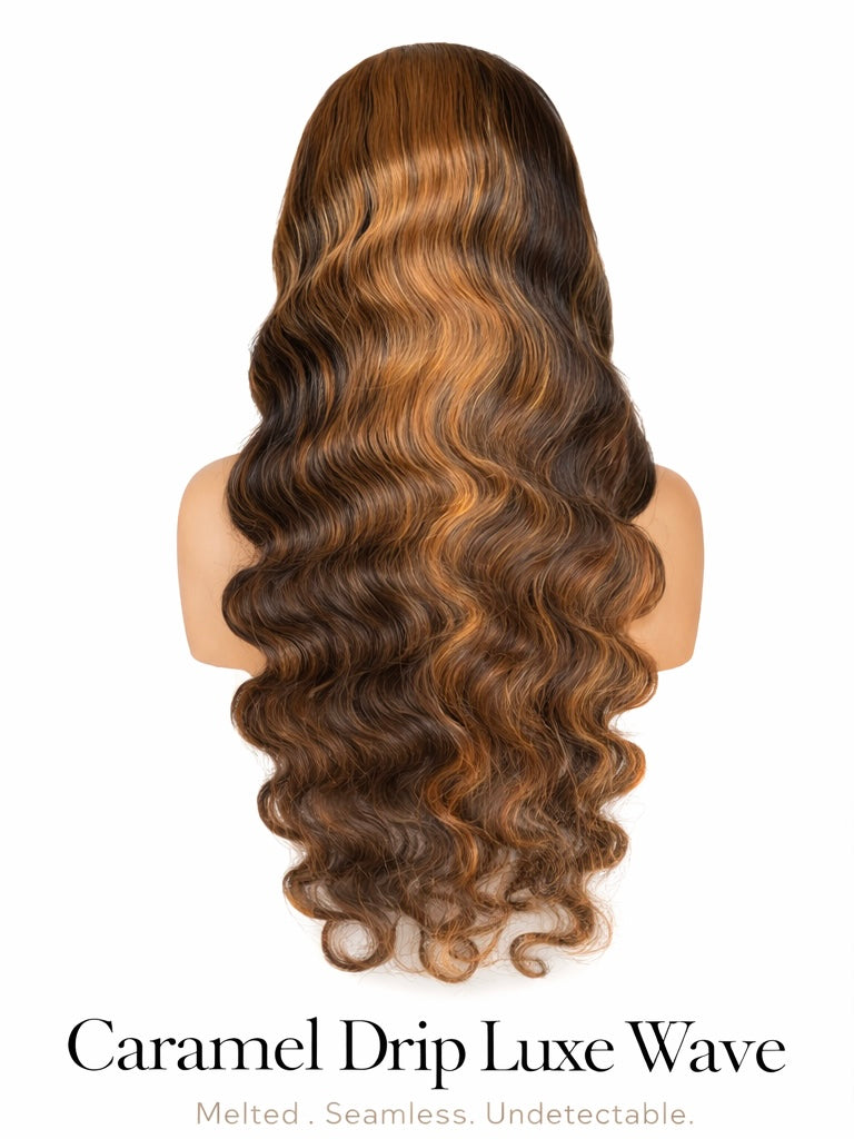 32 inch HD 13x4 lace wig body wave with caramel highlights, 250% density luxury human hair wig on white background