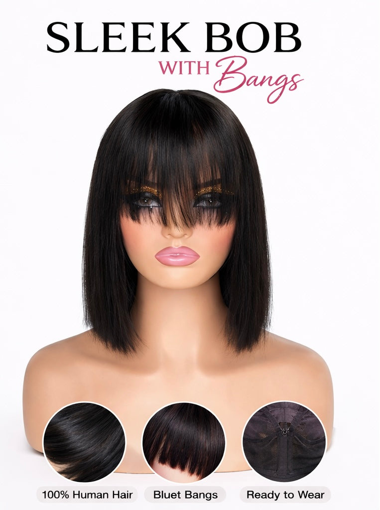 Black bob wig with bangs collage showing multiple angles, texture, and model wearing Main Character Bob wig