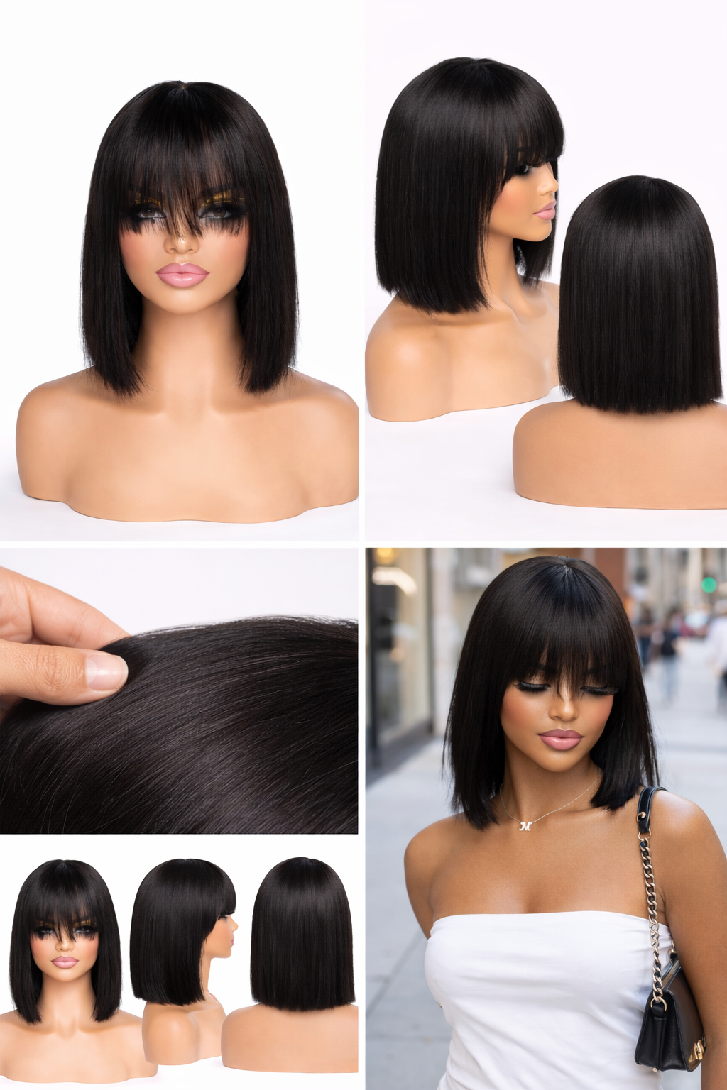 Black bob wig with bangs collage showing multiple angles, texture, and model wearing Main Character Bob wig
