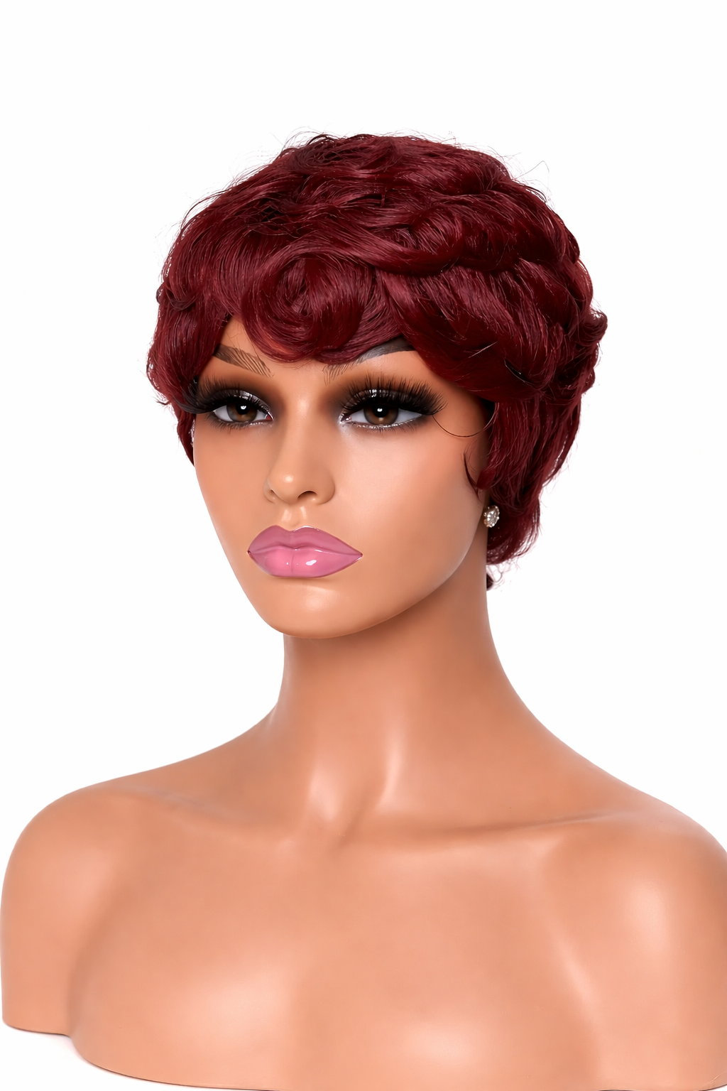 Burgundy pixie wig with finger waves, Vintage Muse Pixie, short human hair wig, soft styled pixie cut on white background
